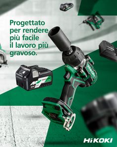 an advertisement for the hitachi tools company with various tools in it's foreground