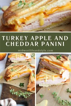 turkey apple and cheddar panini on a cutting board