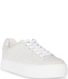 Blue by Betsey Johnson Sidny Bridal Pearl Embellished Platform Lace-Up Sneakers | Dillard's Reception Shoes, Bridal Sneakers, White Platform Sneakers, Blue By Betsey Johnson, Pearl Shoes, Wedding Sneakers, Wedding Vision, Betsey Johnson Shoes, Rhinestone Shoes