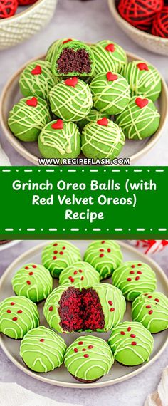 green oreo balls with red velvet oreos are on a plate next to other cookies