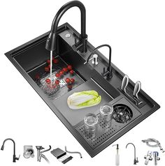 an image of a kitchen sink setting with utensils and other items in it