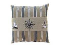 PRICES MAY VARY. Nautical throw pillow cover size 16 inch x 16 inch to help create coastal décor style, this 100% quality cotton nautical pillow cover features 3 different embroidered sailing designs in the centre of the cover and is set on a natural beige color with blue and white stripes. The back of the cover is striped and features a hidden zipper The package contains one quality cotton beach throw pillow cover with embroidered sailing boat, compass and ships wheel designs on the front of th Nautical Duvet Covers, Nautical Print Fabric, Nautical Pillow Covers, Newport Nautical Striped Pillows, Beach Throw Pillows, Nautical Throw Pillows, Nautical Pillows, Bed Pillows Decorative, Nautical Theme