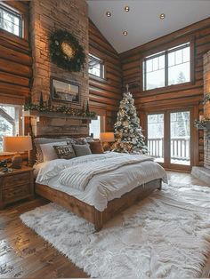 a bedroom decorated for christmas with white fur on the floor and wood paneled walls