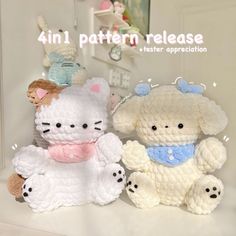 two crocheted stuffed animals sitting next to each other on a shelf with the caption 4in1 pattern release