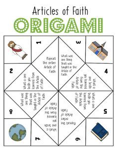 an origami diagram with the words articles of faith in green and white on it