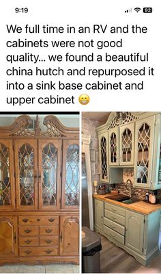 an old china cabinet has been transformed into a new kitchen