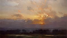 a painting of the sun setting over a river