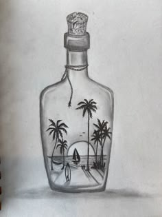 a drawing of a bottle with palm trees in it and a boat on the water