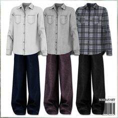 three men's long - sleeved shirts and pants are shown