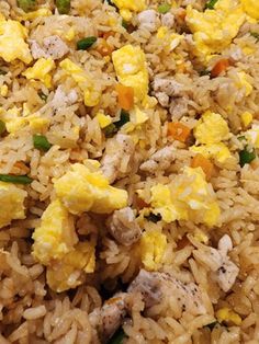 rice and eggs are mixed together in a dish