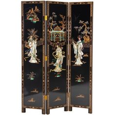 This stunning screen is hand-painted and hand-lacquered, and made of heavy, durable Elm wood. It features an exotic lady in the courtyard scene made of hand-carved Mother-of-Pearl. The black background is hand-painted with gold landscape designs and finished in a rich Chinese lacquer. Oriental Furniture Oriental Furniture 6 Ft. Tall Lacquer Room Divider - Royal Ladies - Room Dividers in Black | Size 72" H X 48" W X 1.5" D | Perigold Dividers For Rooms, Art Deco Screen, Japanese Room Divider, Arte Art Deco, Chinese Screen, Folding Screen Room Divider, Romain De Tirtoff, Screens Room Dividers, Floor Screen