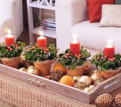 a tray filled with candles sitting on top of a table next to christmas decorations and pine cones