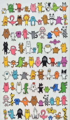 an image of many different colored cats on a white background with black and yellow lines