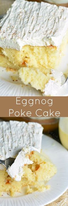 eggnog poke cake on a plate with a fork