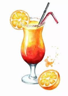 a watercolor painting of a drink with orange slices and straws