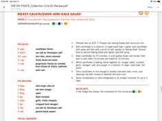 the page is filled with different types of words and numbers, including one for roast cauliflower and kale salad