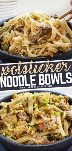 two bowls filled with noodles, meat and vegetables