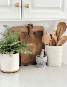 kitchen utensils and wooden cutting board on counter with fern in pot next to them