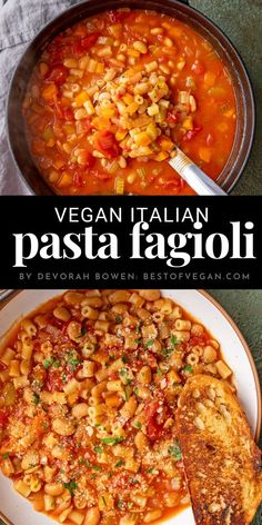 two bowls filled with pasta and vegetables on top of a green tablecloth next to bread