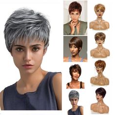 Women Natural Short Straight Wavy Curly Wigs Pixie Cut BOB Hair Full Wig Cosplay Mommy Wig, Short Hair Straight, Ash Hair, Grey Wig, Mixed Hair, Short Hair Wigs, Pixie Cut Wig, Short Straight Hair, Full Hair