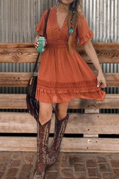 Casual Lace Ruffle Dress Ruffle Dress Casual, Lace Ruffle Dress, Lace Dress Casual, Cowgirl Dresses, Looks Country, Casual Wear Dress, Flounce Sleeve, Casual Lace, Lace Ruffle