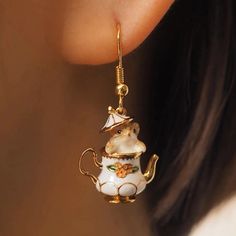 Teapot Earrings, Teapot Necklace, Paper Rings, Earring Gift, Drop Earring, Enamel Jewelry