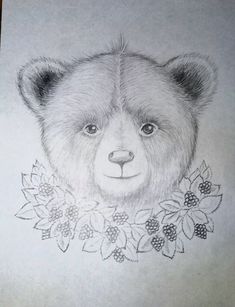 a drawing of a bear with flowers around its neck