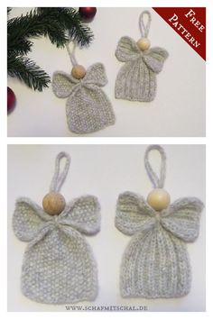 crocheted christmas ornament with bow and baubles hanging from it