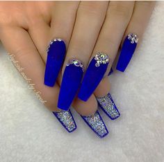 Blue Diamond Nails, Royal Blue Nails Designs, Sparkly Nail Designs, Nail Designs Bling, Royal Blue Nails, Blue Glitter Nails, Sunflower Nails, Formal Nails, Blue Acrylic Nails