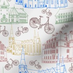 a wallpaper with buildings and bicycles on it