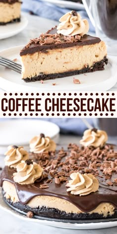 two pictures side by side of a cheesecake with chocolate and peanut butter on top