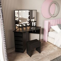 a bedroom scene with focus on the dressing table and mirror, which is decorated in black and white