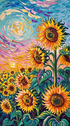 a painting of sunflowers in a field at sunset