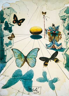 an artistic painting with butterflies and other things in the background, including a golden egg