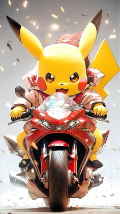 a cartoon character riding on the back of a motorcycle with pikachu in it