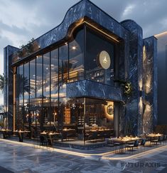 an artistic rendering of a modern restaurant at dusk