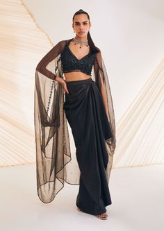 Divya Aggarwal-Vivien Black Embellished Skirt And Cape Set-INDIASPOPUP.COM Sheer Cape Outfit, Satin Draped Skirt, Sundowner Party Outfits Women, Divya Aggarwal, Black Indian Outfit, Cocktail Outfits For Women, Cape Organza, Dhoti Skirt, Black Sequin Blouse