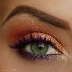 Purple liner and peach lids. Sunset Eyes, Purple Eyeliner, Gold Eye Makeup, Gold Eyeshadow, Bohol, Gold Eyes