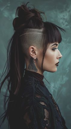 Undercut with Long Hair for Women: 23 Edgy and Elegant Hairstyle Ideas Undercut Long Hair Female Undercut Long Hair, Bangs Undercut Long Hair, Buzzed Undercut Women, Aeon Flux Hair, Long Hair Sides Shaved, Split Hair Styles, V Bangs Long Hair, Small Undercut Women, Long Hair Shaved Sides With Bangs