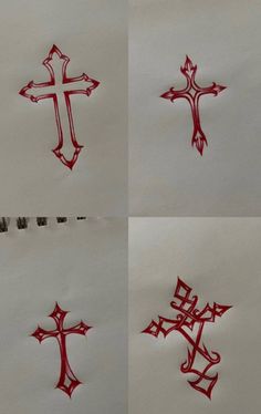 four different crosses drawn in red ink on white paper with black and silver writing underneath