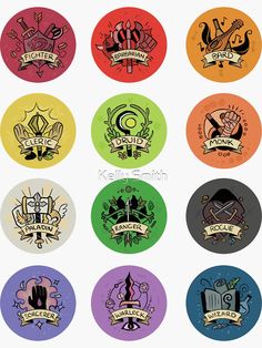 six badges with different designs on them