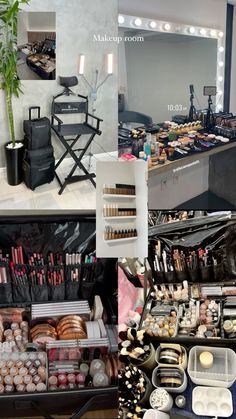 Makeup Salon Aesthetic, Mua Room Makeup Artists, Makeup Artist Salon Decor, Home Based Makeup Studio, Makeup Artist Home Studio, Makeup Stylist Aesthetic, Makeup Vision Board Ideas, Cosmetology School Makeup, Makeup Moodboard Collage