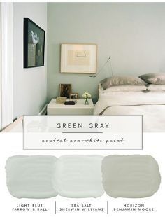 a bedroom with white walls and green gray paint colors on the walls, along with an image of a bed