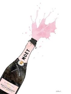 a painting of a bottle of wine with pink paint splattered on it's side