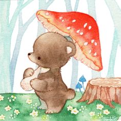 a painting of a teddy bear holding an umbrella in front of a tree stump with a mushroom on it