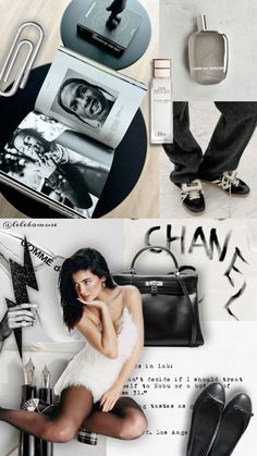 a collage of photos with shoes, purses and other items in them that include an advertisement for chanel