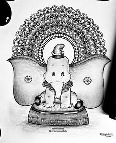 a drawing of an elephant with a hat on it's head sitting in front of a decorative object