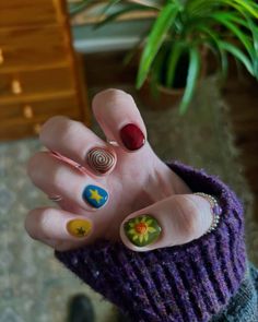 nail inspo , whimsy nails , nail art , gel nails , whimsy twee , whimsicolour , whimsical nails , coraline nails  #whimsytwee#whimsicolour#whimsicalnails#nails#art#whimsicalgothic#whimsicolor#twee#biabnails#gelnails Garbo Core Nails, Whimsical Gel Nails, Twee Nails Aesthetic, Short Nails Funky Design, Mush Room Nails, Art Gift Ideas For Friends, Simple Funky Nail Designs, Twee Style Nails, Mismatched Nails Fall