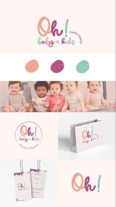 the logo and business card design for baby's first birthdays, including two envelopes