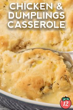 chicken and dumplings casserole with text overlay